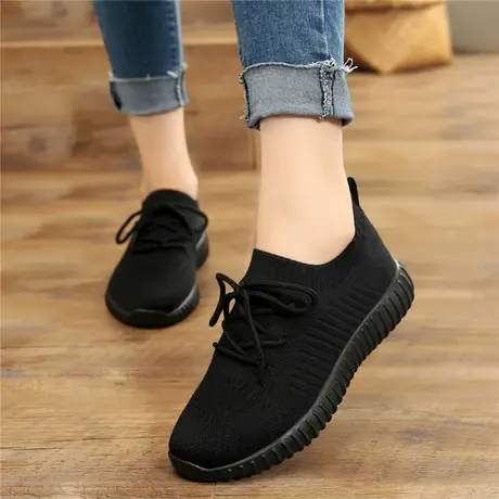 跑步袜子鞋女春季2023新款韩版百搭弹力飞织鞋软底黑色运动休闲鞋商品大图