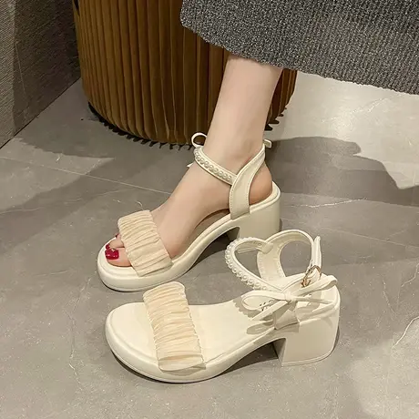 高跟鞋女2023夏季新款韩版气质时尚配裙显瘦仙女温柔珍珠露趾凉鞋图片