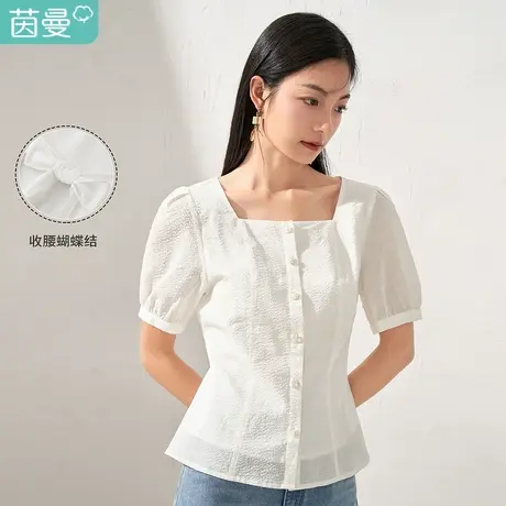 【商场同款】茵曼提花法式方领短袖衬衫女2023夏季新款收腰泡泡袖图片