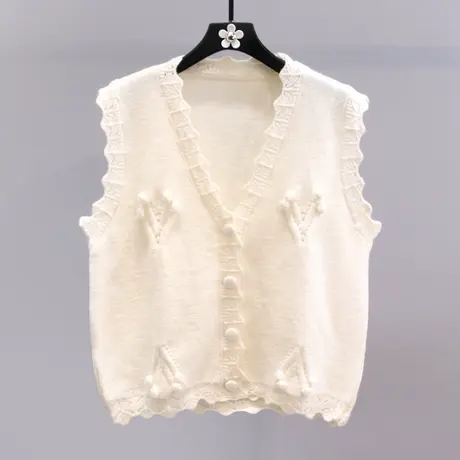 复古立体毛球V领针织马甲女2023春秋外穿小香风坎肩无袖毛衣背心图片