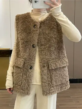 羊羔毛马甲2023秋冬季新款外穿学生韩版女士马夹上衣纯色简约坎肩商品大图