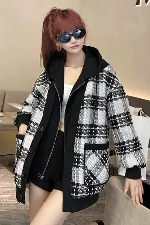 格子假两件连帽夹棉外套女秋冬季新款2023设计感宽松拼接毛呢上衣商品大图
