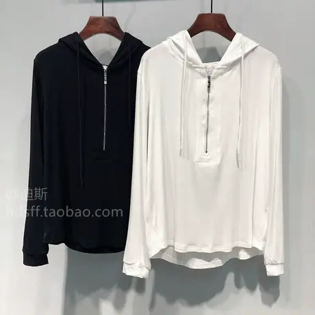 2023秋装韩国ulzzang新款纯色领口拉链宽松垂感显瘦连帽长袖T恤女商品大图