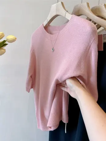 温柔色系 自留 韩国羊毛秋装小贝壳扣 软糯舒适短袖针织衫上衣女商品大图