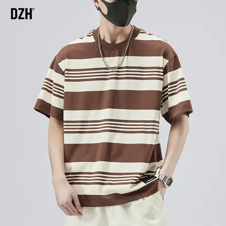 男士条纹短袖t恤男夏季薄款潮牌圆领宽松男体恤2023新款休闲上衣商品大图