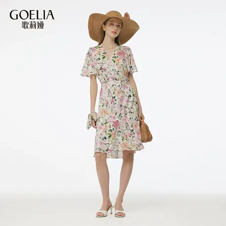 歌莉娅度假穿搭真丝连衣女夏季2025新款桑蚕丝V领茶歇裙1E5L4K510图片