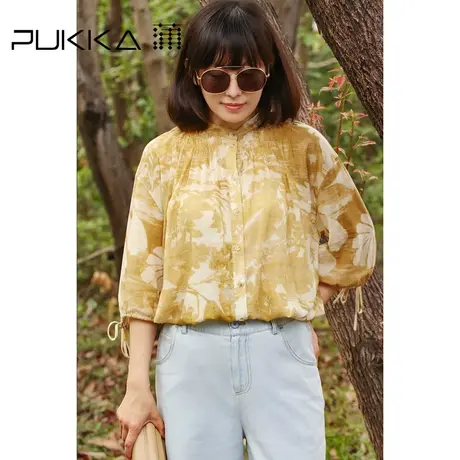 蒲PUKKA时装周复古印花衬衫女夏季2022新款宽松立领设计感上衣商品大图