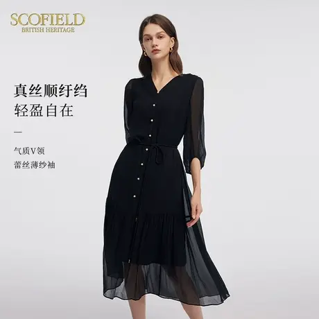 【甄选真丝】Scofield女装长袖V领连衣裙黑色长裙夏季裙子图片