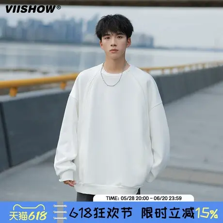 VIISHOW美式复古潮牌纯色圆领卫衣男士拼接宽松重磅休闲长袖T恤图片