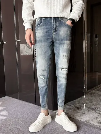 2023春秋新品男装休闲裤子潮流修身弹力水洗男生小脚长裤破洞补丁商品大图