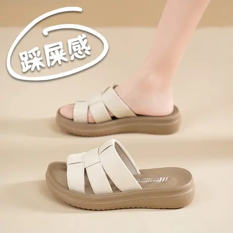 真皮女士凉拖鞋夏季外穿厚底妈码凉鞋子宽松中老年一字拖软底时尚商品大图