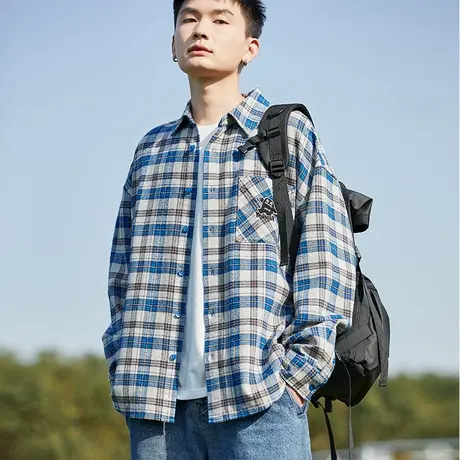 唐狮长袖格子衬衫男春秋季新款美式复古蓝格子刺绣休闲宽松衬衣图片