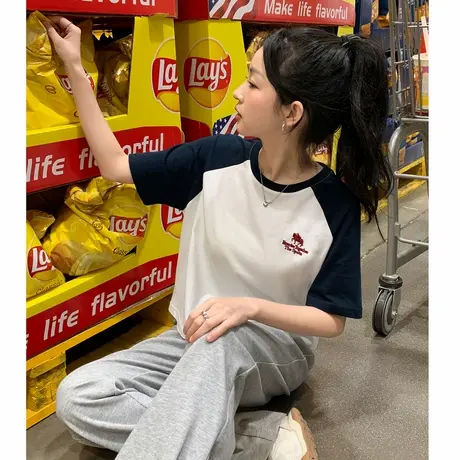 唐狮短袖T恤女夏季新款针织左胸刺绣插肩小众别致短款上衣打底衫商品大图