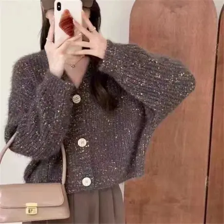 慵懒风V领彩点软糯毛衣开衫外套女春秋新款韩版百搭显瘦针织上衣商品大图