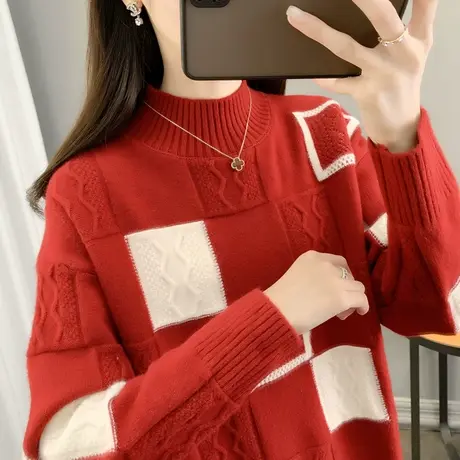 半高领针织打底衫女2023秋冬新款韩版拼色洋气内搭宽松套头毛衣潮商品大图