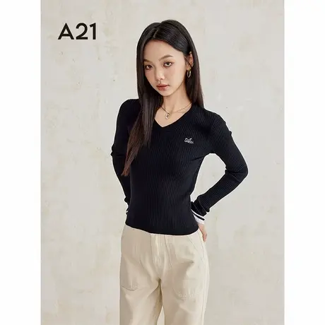 A21女装修身显瘦毛针织衫2024秋季新款纯色V领长袖毛衣打底衫上衣商品大图