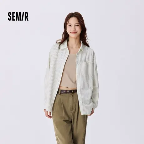 [商场同款]森马长袖衬衫女肌理条纹衬衣短背心2024秋季新款两件套图片