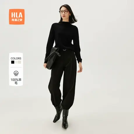 【纯羊毛】HLA/海澜之家通勤直筒半高领针织衫秋新款黑色毛衣女装商品大图