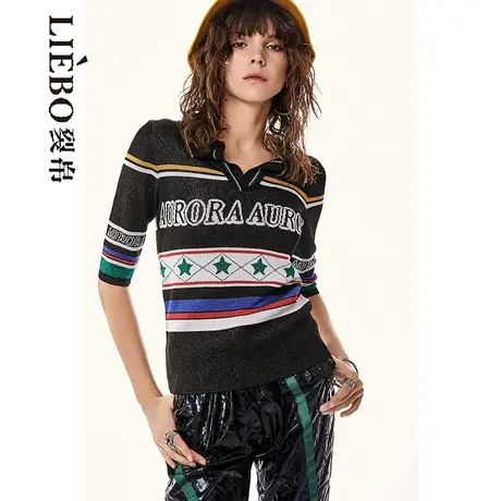 裂帛LIEBOFeng设计师品牌时髦复古彩条POLO衫美式街头中袖针织衫商品大图