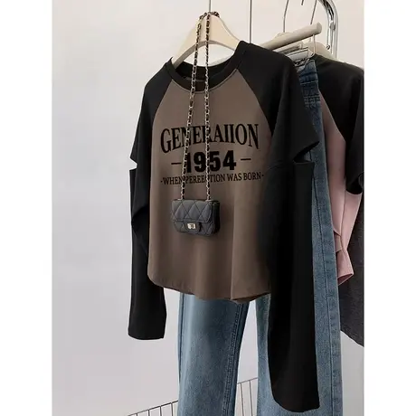 长袖打底衫女胖mm显瘦断袖设计感上衣秋冬季潮ins复古拼接内搭T恤商品大图