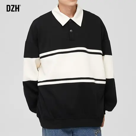 男士黑色拼色美式POLO领卫衣男春秋款潮ins2023年新款潮牌打底衫图片