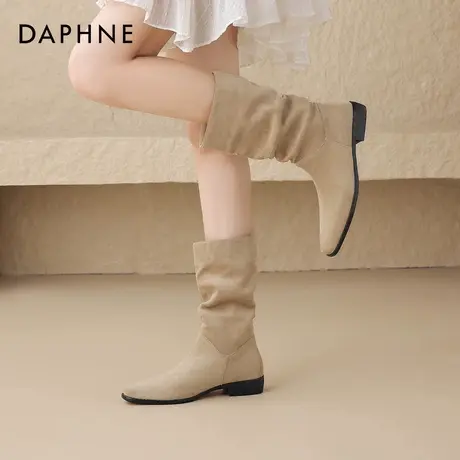达芙妮堆堆靴女2025秋冬新款复古中长筒靴褶皱瘦瘦西部牛仔骑士靴商品大图