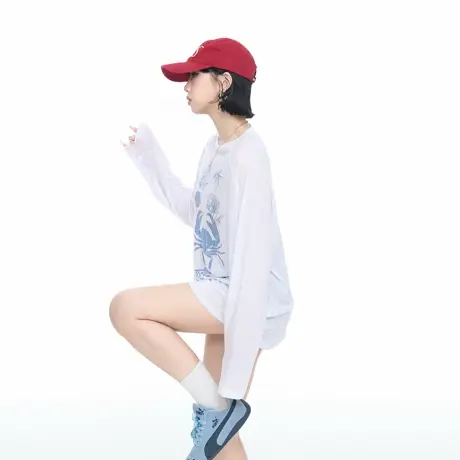 美式复古创意印花薄款长袖T恤女宽松慵懒风天丝凉感防晒罩衫上衣图片