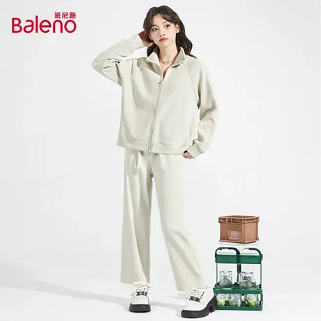 班尼路运动休闲套装女2025秋新款短款立领外套宽松阔腿裤两件装Q商品大图