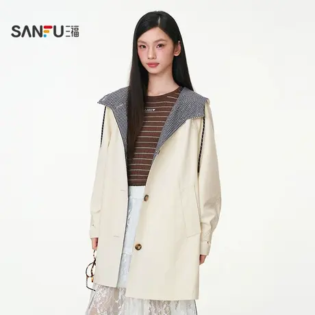三福单外套2025秋季格子拼接宽松连帽风衣时尚上衣女装507975商品大图