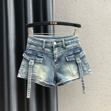 辣妹风个性口袋阔腿裤2023秋季新款浅蓝色磨白宽松百搭牛仔短裤女商品大图