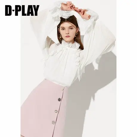 DPLAY德帕拉春新品欧美高领木耳边上衣灯笼袖白色打底衫女图片