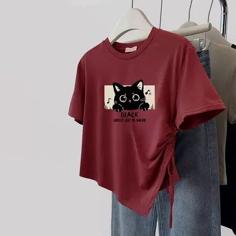 短袖T恤女hiphop潮牌甜酷风大码夏季潮ins修身短款不规则酒红上衣商品大图