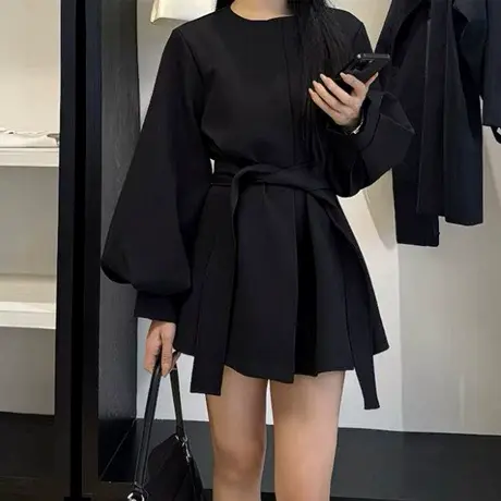中长款风衣外套女2025秋季款韩系休闲宽松显瘦气质灯笼袖圆领大衣商品大图