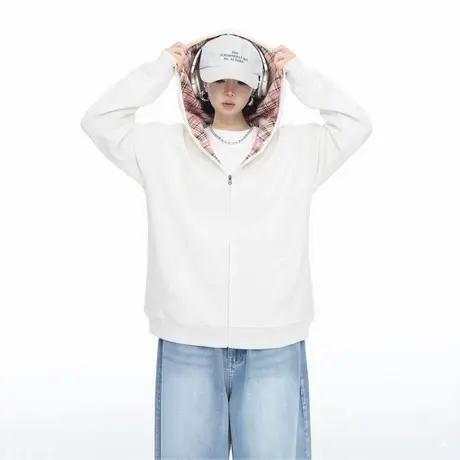 美式格子拼接字母印花连帽开衫卫衣女春秋新款宽松设计感外套上衣商品大图