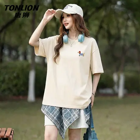 唐狮官方宽松短袖女t恤夏2026新款女士纯棉休闲内搭半袖上衣女VB商品大图