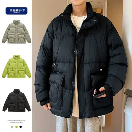 秋冬季新款棉衣保暖面包棉服男宽松ins潮流纯色休闲立领开衫外套商品大图