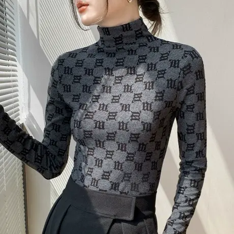 欧货高领长袖T恤女2023秋冬新品洋气减龄字母提花设计感内搭上衣商品大图