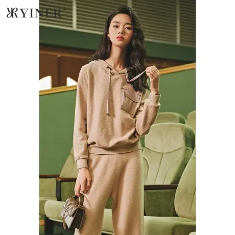 YINER音儿女装冬季新款羊毛混纺抽绳连帽卫衣商品大图