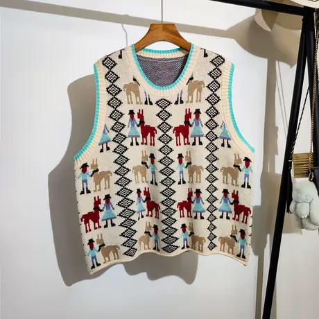 复古针织马甲女2023秋冬新款宽松圆领叠穿学院风无袖毛衣背心外穿商品大图