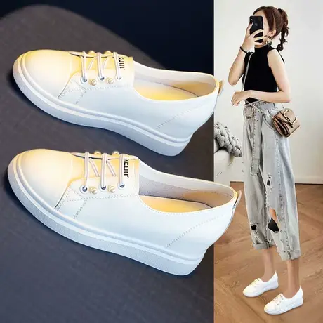 内增高小白鞋女2023新款秋冬季真皮系带单鞋百搭厚底运动休闲板鞋商品大图