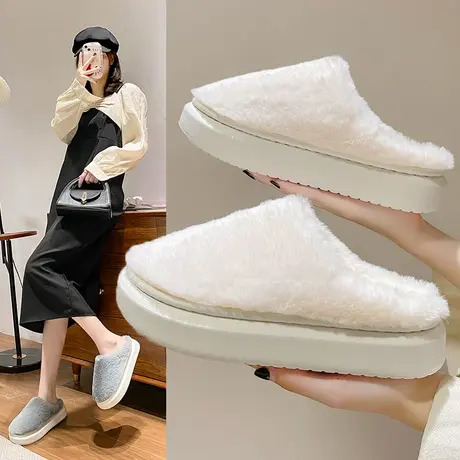 毛茸茸包头半拖鞋女外穿秋冬季时尚甜美厚底毛毛拖鞋居家棉拖鞋子商品大图
