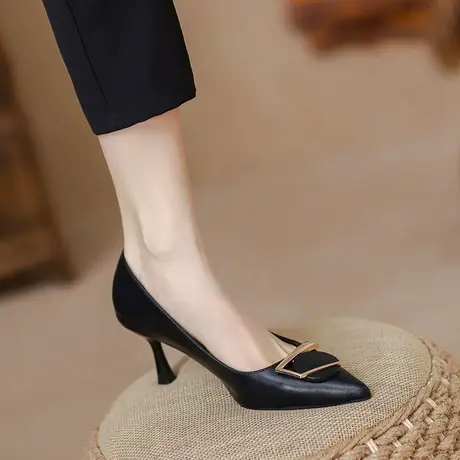 真皮高跟鞋女2023年春夏新款气质百搭法式不累脚职业细跟中跟单鞋图片