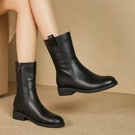 头层牛皮中筒靴女粗跟中跟舒适简约百搭加绒保暖真皮女靴软皮软底图片