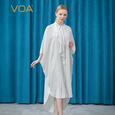VOA真丝暗纹提花POLO领蝙蝠袖不对称立体装饰飘带中长桑蚕丝外套图片