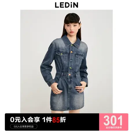 乐町复古牛仔长袖裙女23年秋季新款牛仔短裙彩色糖果扣休闲衬衫裙商品大图