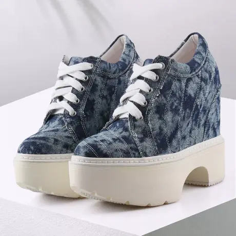 13CM内增高老爹鞋女款显脚小厚底牛仔帆布鞋厚底粗跟旅游松糕单鞋图片