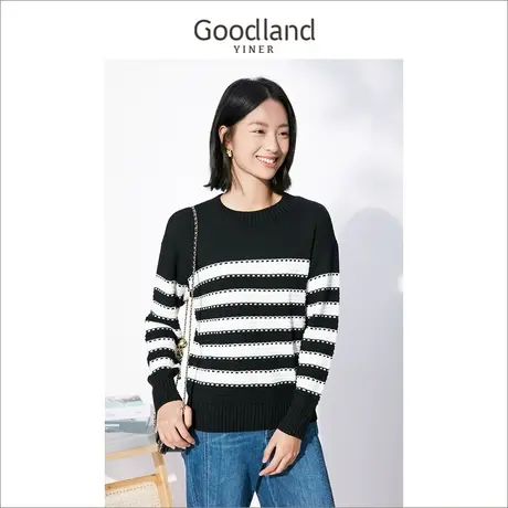 Goodland美地女装冬季圆领套头条纹长袖毛衣针织衫商品大图