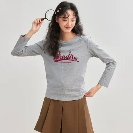 真维斯Z+女装 印花打底衫秋冬季甜酷风正肩圆领纯棉长袖T恤X图片