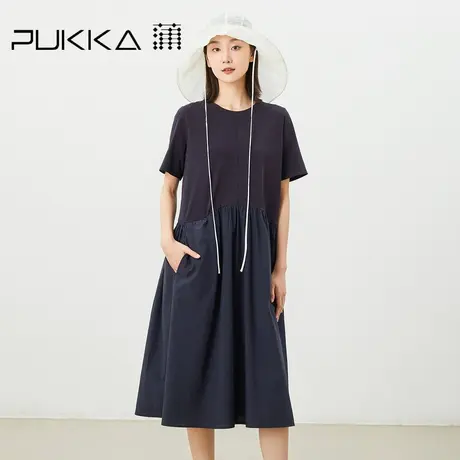 蒲PUKKA 拼接针织连衣裙女2023年春夏宽松圆领短袖休闲裙子图片