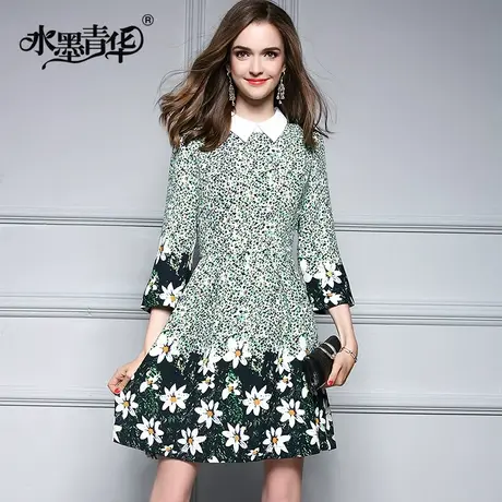【1件7.9折】冬季新品优雅气质时尚修身大摆七分袖印花连衣裙图片